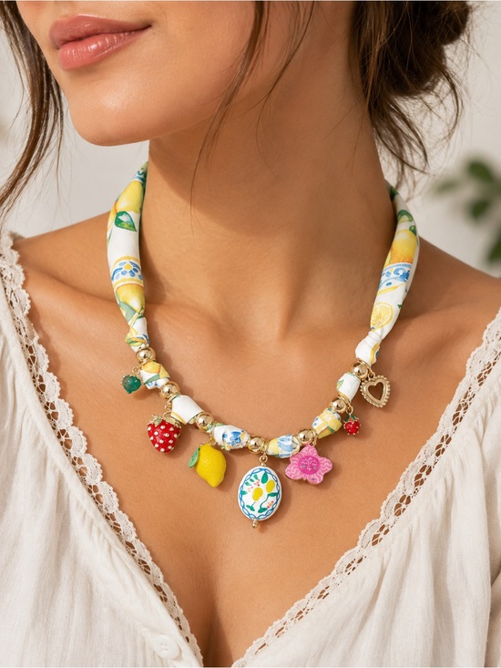 Anthropologie Jewelry - Lemon Print Scarf Charm Necklace – Colorful Fruit Statement Jewelry